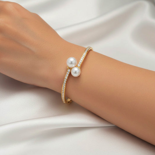 Double Pearl Diamond Open Bangle Bracelet in 14K Yellow Gold