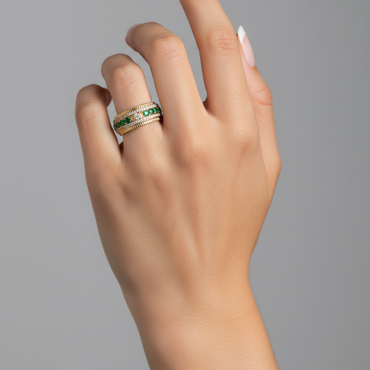 Double Row Emerald Diamond Ring in 14K Yellow Gold
