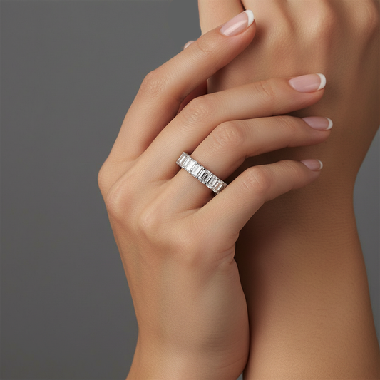 Timeless Emerald Cut Eternity Ring in 18K Gold