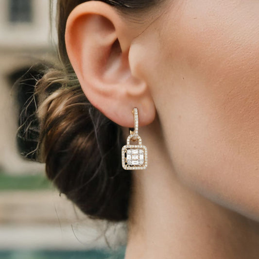 Diamond Lock Charm Hoop Earrings in 14K Yellow Gold
