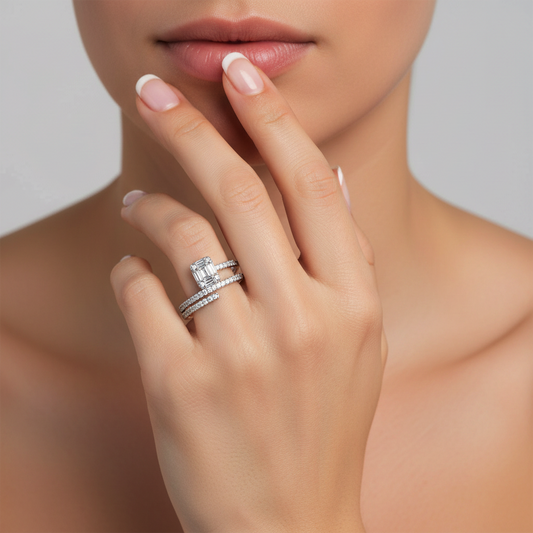 Double Band Emerald Cut Diamond Halo Ring in 14K White Gold