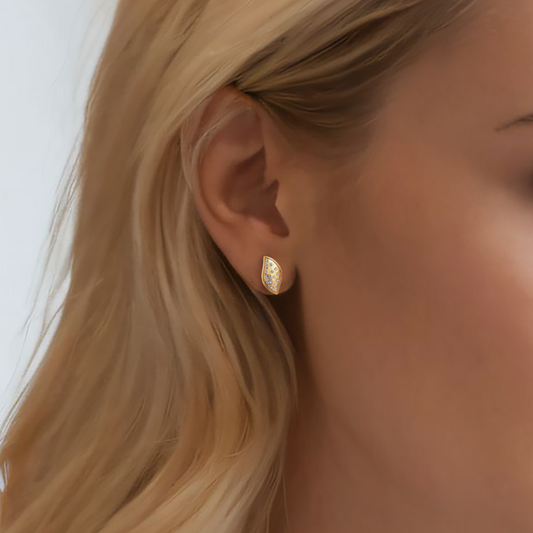 Leaf Shape Diamond Studs Earrings in 14K Yellow Gold