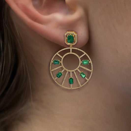 Emerald Diamond Sunburst Statement Earring in 14K Yellow Gold