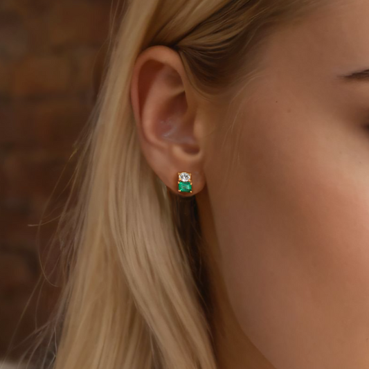 Nostalgic Emerald Diamond Stud Earrings in 14K Yellow Gold
