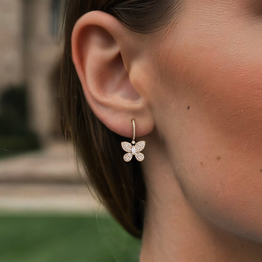 Marquise Center Pave Butterfly Drop Earrings in 14K Yellow Gold