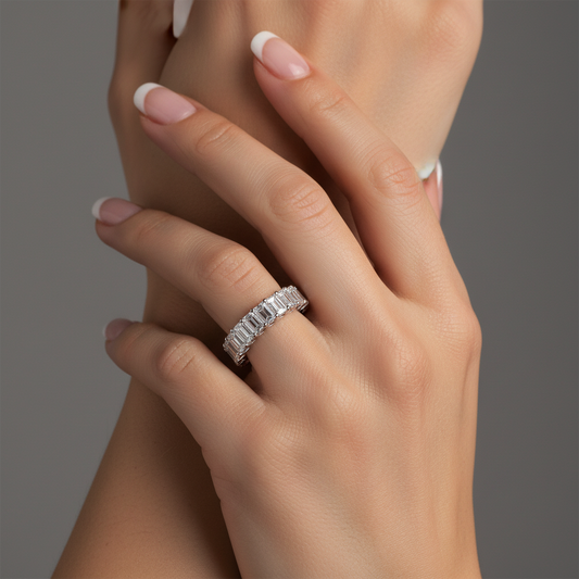 Eternity Band Emerald Cut Diamond Ring in 18K White Gold