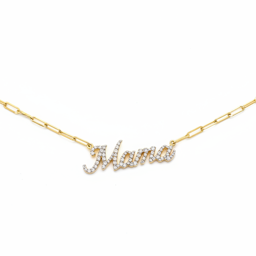 Mama Script Pave Diamond Pendant Necklace in 14K Yellow Gold