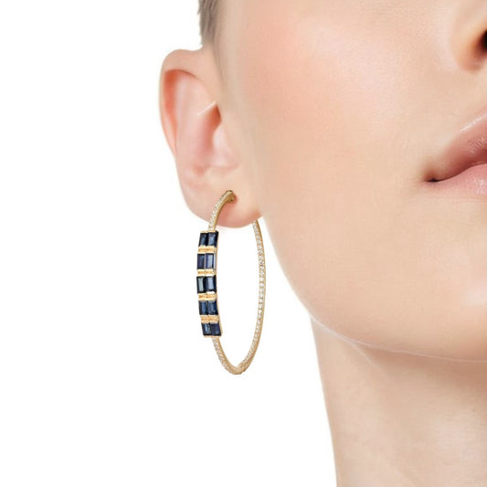Blue Baguette Pave Diamonds Hoop Earrings in 14K Gold