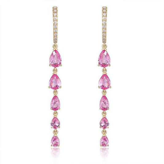 Graduated Pear Cut Emeralds Long Drop Earrings in 14K Gold