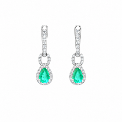 18K Emerald & Natural Diamond Halo Drop Earrings in White Gold