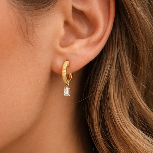 Emerald Cut Drop Charm Huggie Earrings in 14K Yellow Gold