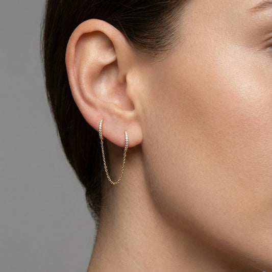 Double Chain Diamond Huggie Earrings in 14K Yellow Gold