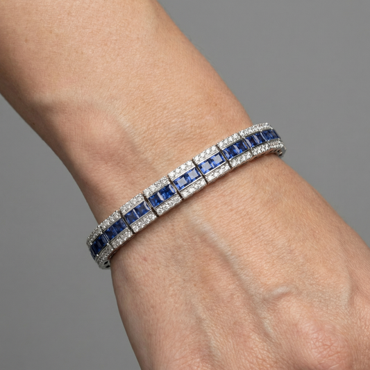 Royal Blue Sapphire & Diamond Tennis Bracelet in 14K White Gold
