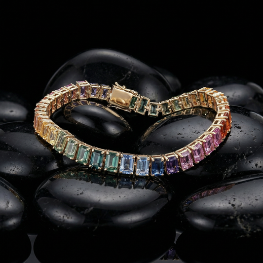 Luxe Prism Emerald-Cut Multicolour Stone 14K Gold Tennis Bracelet