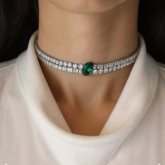 Oval Emerald Diamond Choker Necklace in 18K White Gold