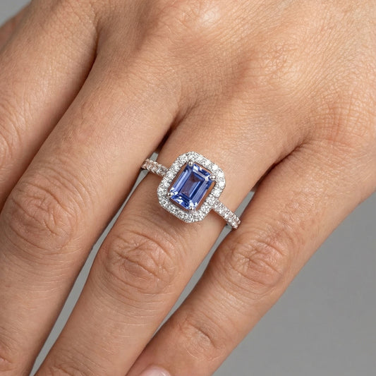 Azure Promise Blue Tanzanite Diamond Halo Ring in 18K White Gold