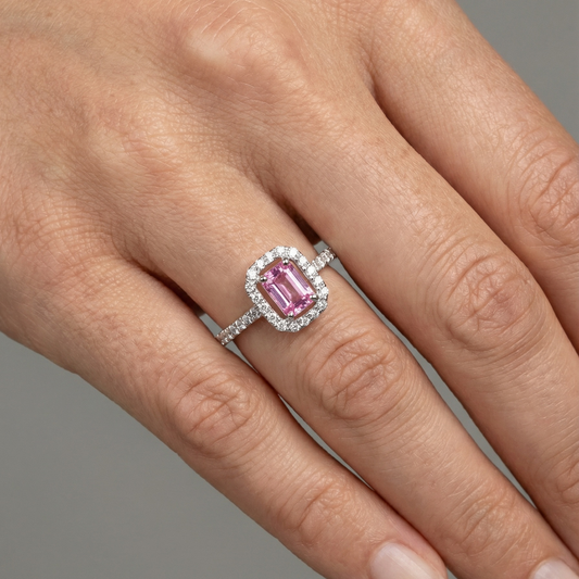 Rose Frame Pink Sapphire Diamond Ring in 18K White Gold