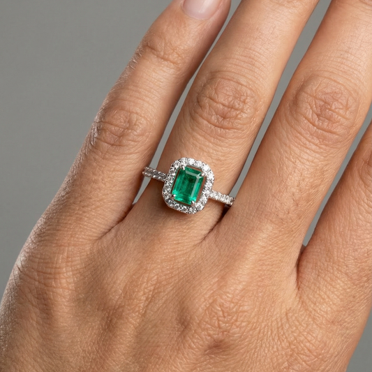 Emerald Poise Diamond Halo Ring in 18K White Gold