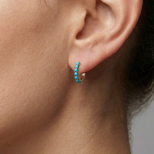 Turquoise Bead Huggie Hoop Earrings in 14K Yellow Gold