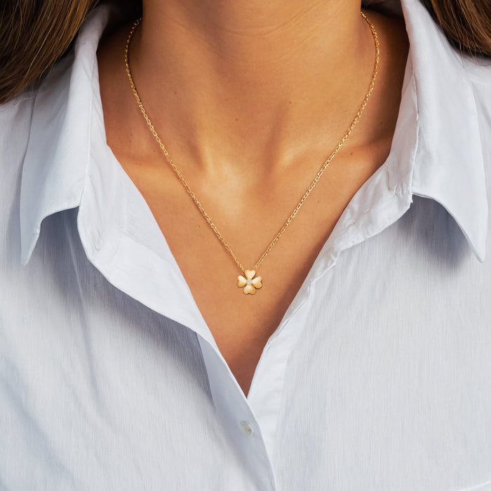 Four Leaf Clover Round Diamond Necklace in 14K Yellow Gold
