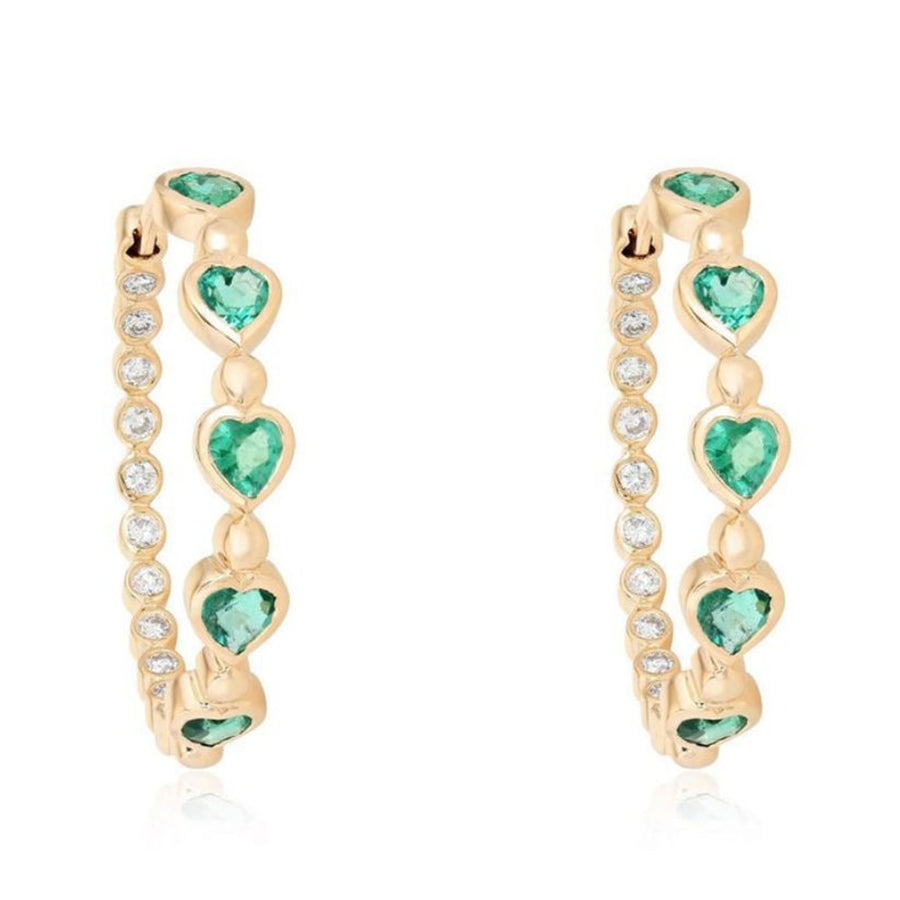 Emerald Embrace Heart Hoop Earrings in 14K Yellow Gold