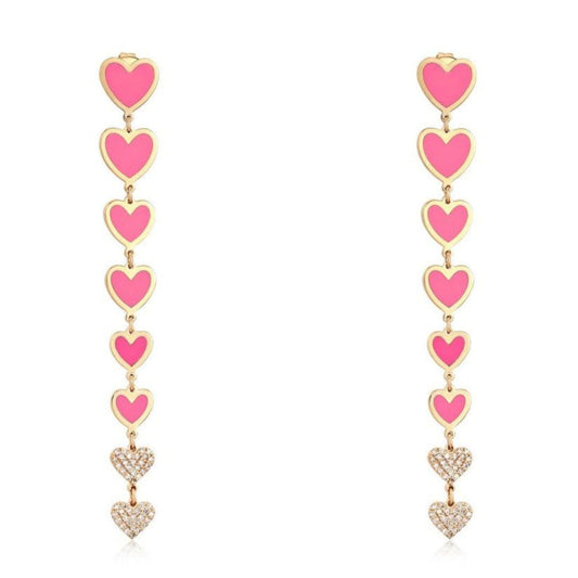 Pink Enamel Heart Drop Dangle Earrings in 14K Yellow Gold