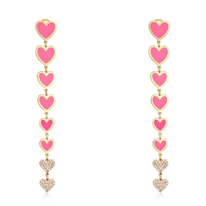 Pink Enamel Heart Drop Dangle Earrings in 14K Yellow Gold