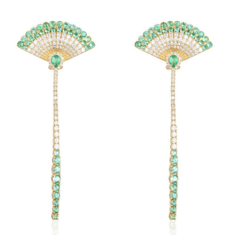 Fan Shaped Emerald Diamond Dangle Earrings in 14K Yellow Gold