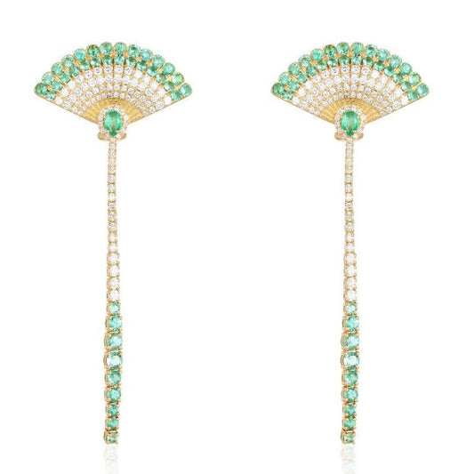 Fan Shaped Emerald Diamond Dangle Earrings in 14K Yellow Gold