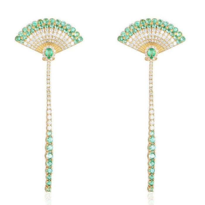 Fan Shaped Emerald Diamond Dangle Earrings in 14K Yellow Gold