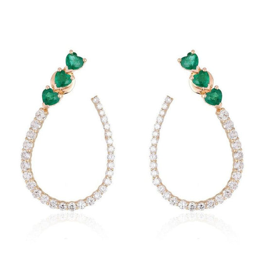Trio Heart Emerald Diamond Drop Earrings in 14K Yellow Gold