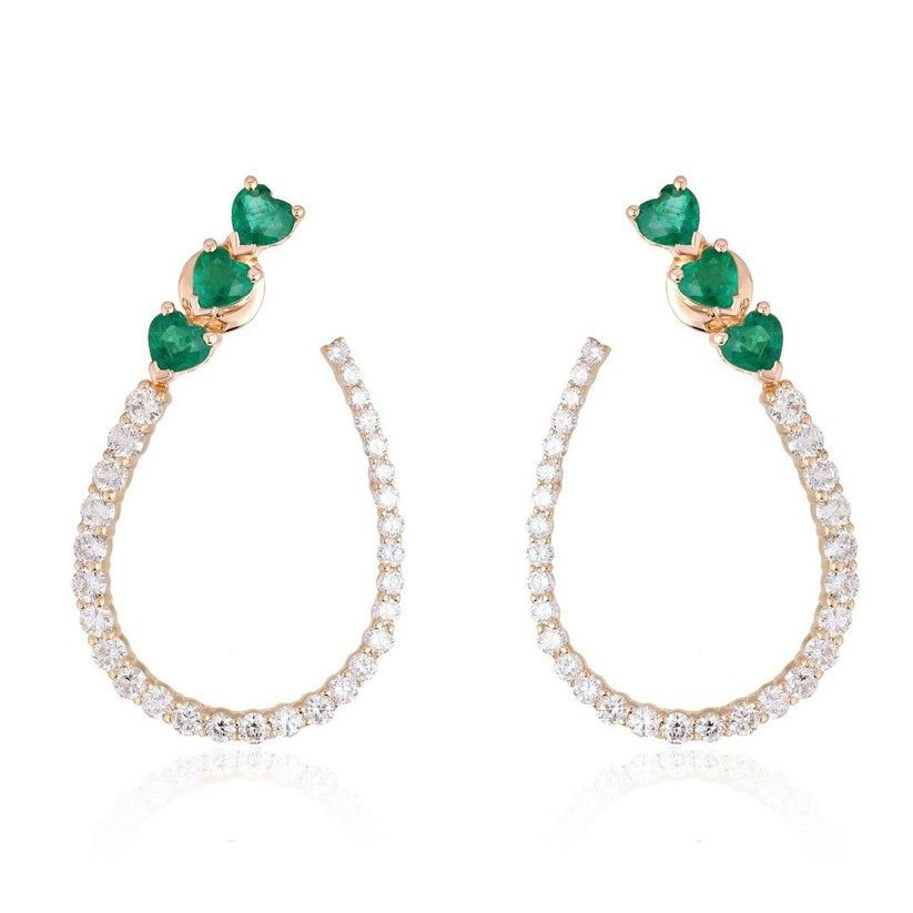Trio Heart Emerald Diamond Drop Earrings in 14K Yellow Gold