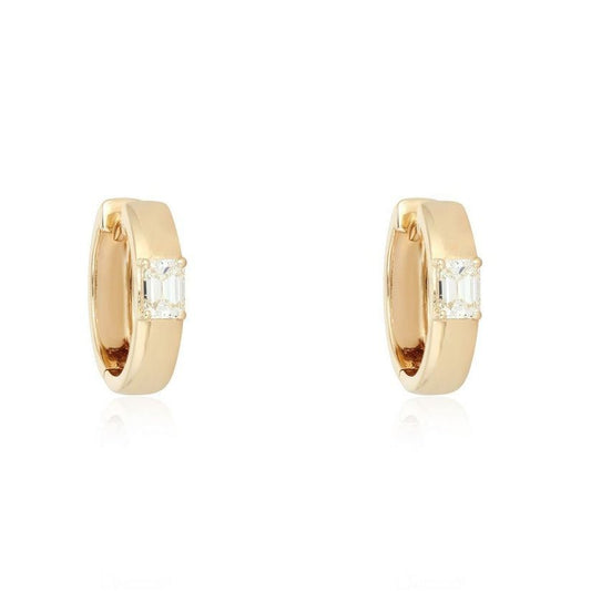 Emerald Cut Solitaire Huggie Earrings in 14K Yellow Gold
