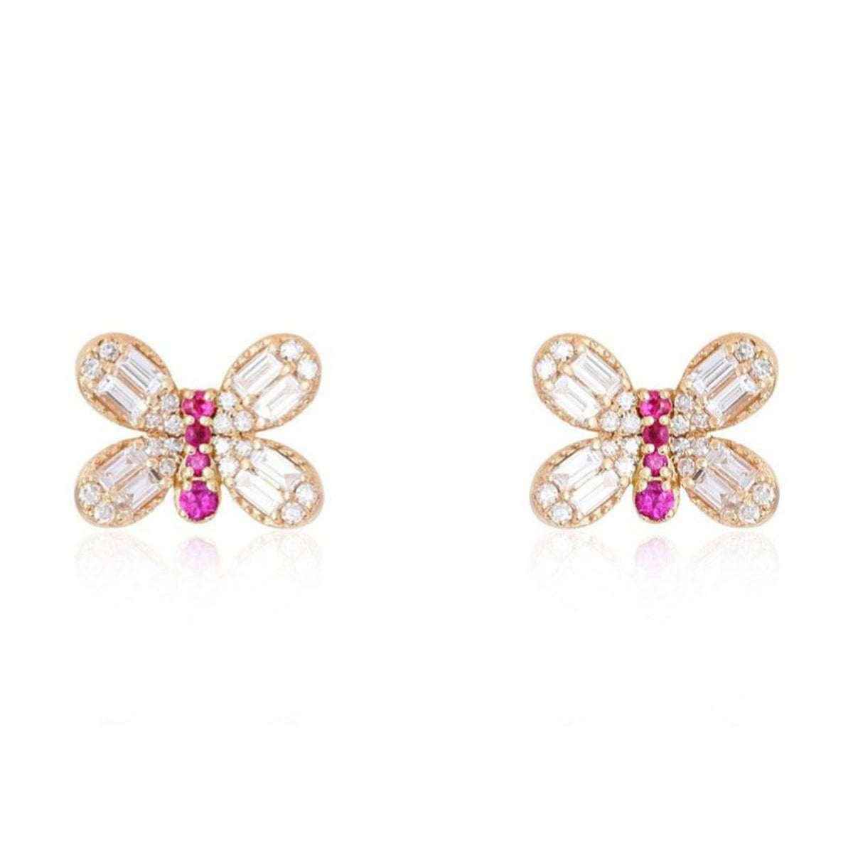 Butterfly Stud Ruby Diamond Wings Earrings in 14K Yellow Gold