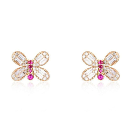 Butterfly Stud Ruby Diamond Wings Earrings in 14K Yellow Gold