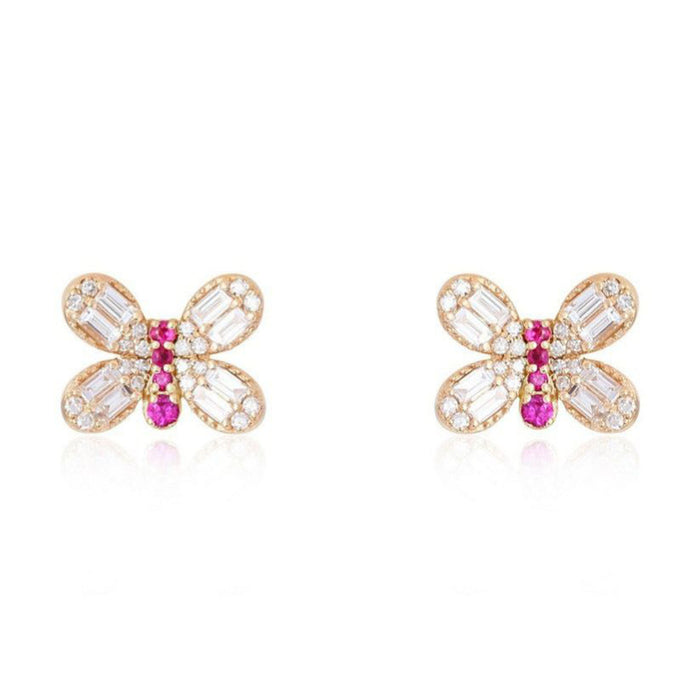 Butterfly Stud Ruby Diamond Wings Earrings in 14K Yellow Gold