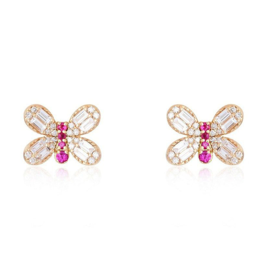 Butterfly Stud Ruby Diamond Wings Earrings in 14K Yellow Gold