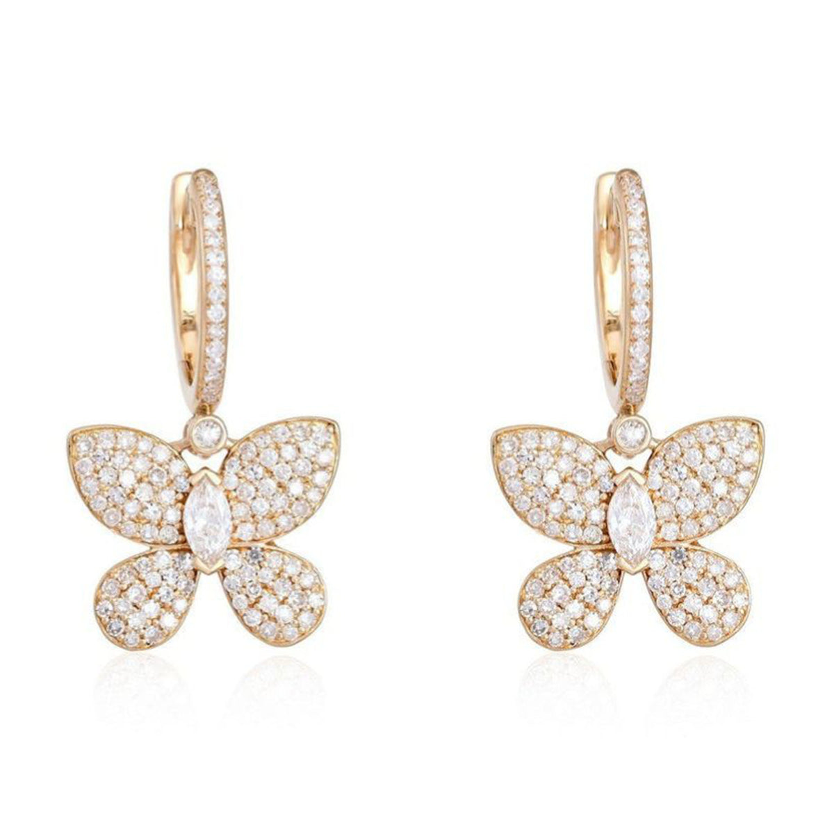 Marquise Center Pave Butterfly Drop Earrings in 14K Yellow Gold