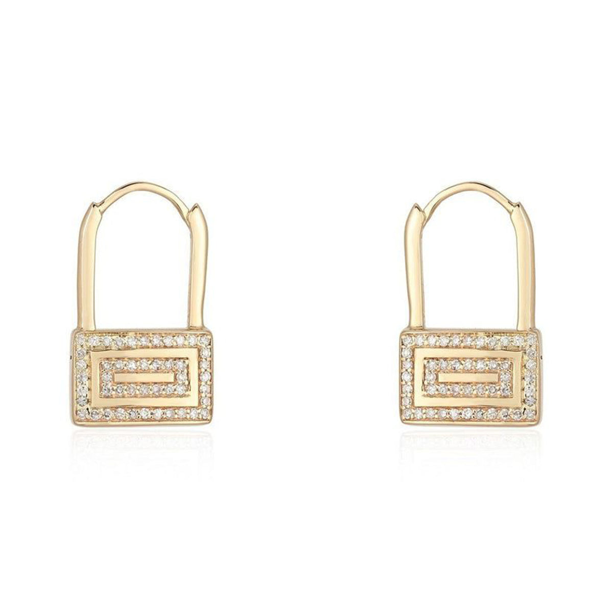 Geometric Lock Diamond Huggie Earrings in 14K Yellow Gold
