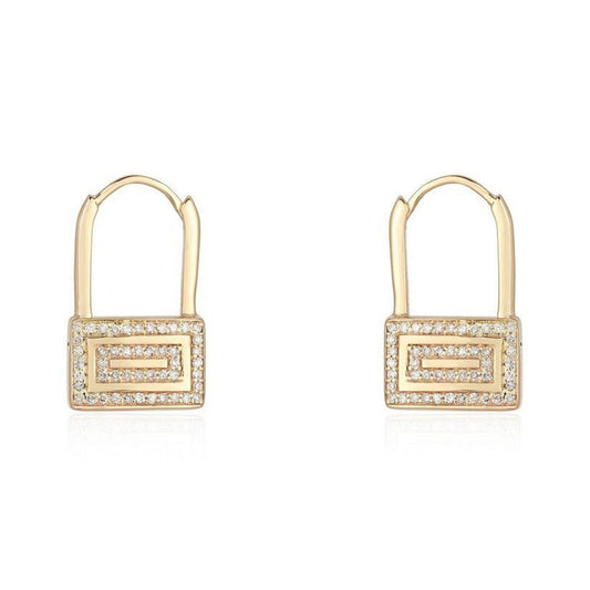 Geometric Lock Diamond Huggie Earrings in 14K Yellow Gold