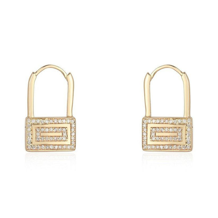 Geometric Lock Diamond Huggie Earrings in 14K Yellow Gold