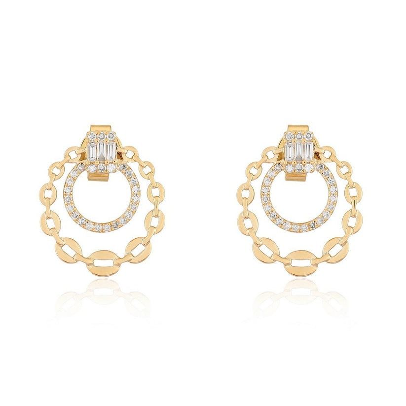Baguette Diamond Chain Circle Drop Earrings in 14K Yellow Gold
