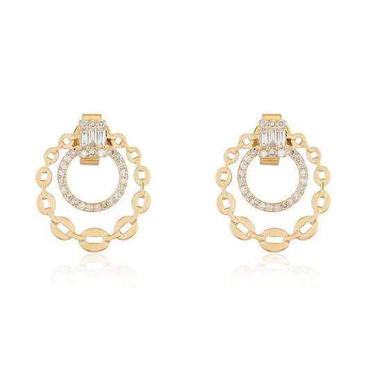 Baguette Diamond Chain Circle Drop Earrings in 14K Yellow Gold