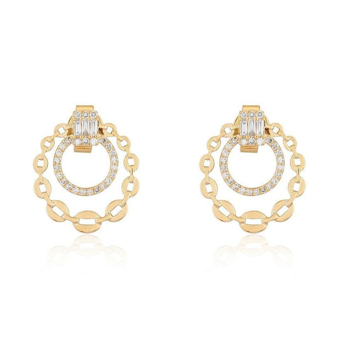 Baguette Diamond Chain Circle Drop Earrings in 14K Yellow Gold