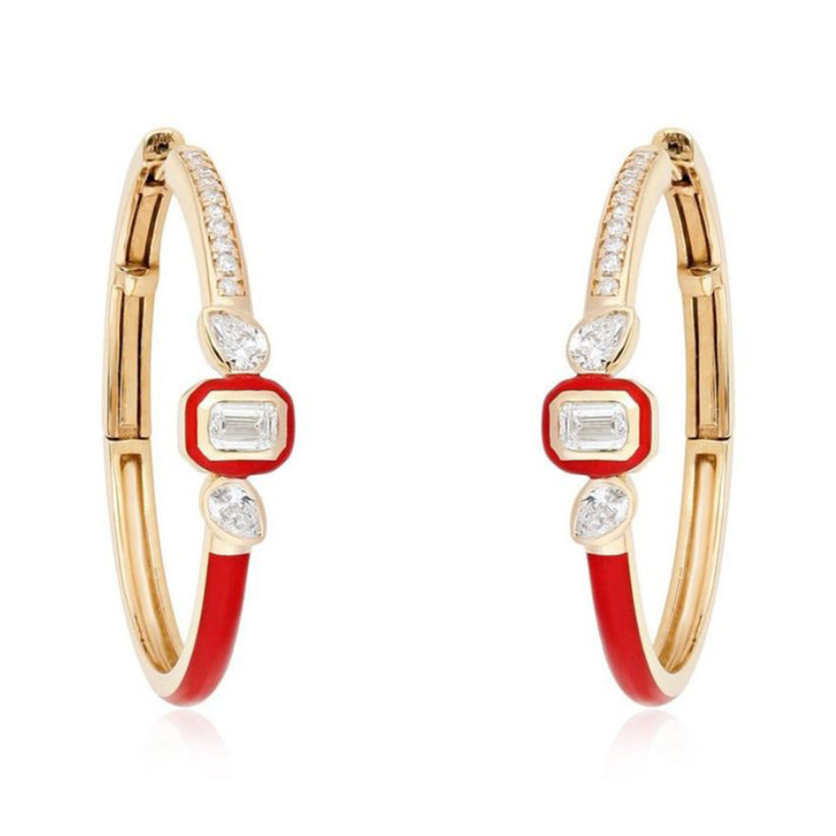 Red Enamel Diamond Hoop Earrings in 14K Yellow Gold