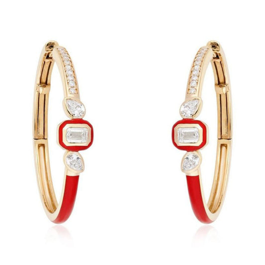 Red Enamel Diamond Hoop Earrings in 14K Yellow Gold