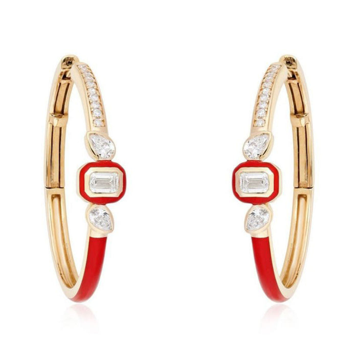 Red Enamel Diamond Hoop Earrings in 14K Yellow Gold