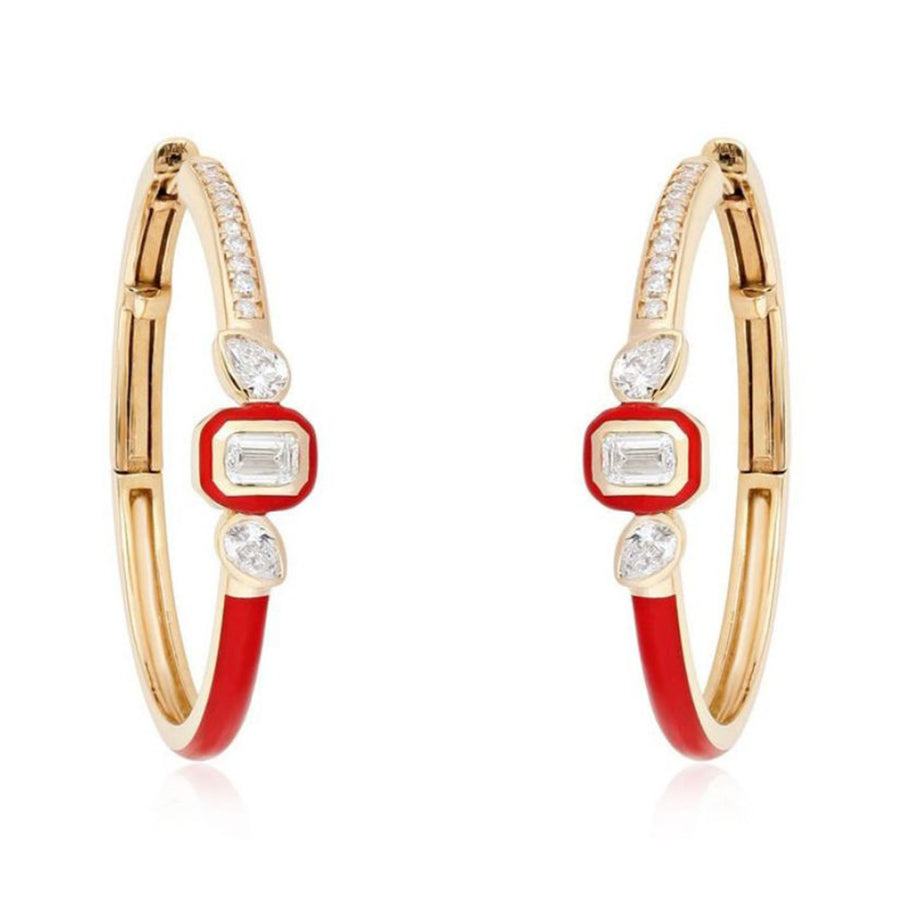 Red Enamel Diamond Hoop Earrings in 14K Yellow Gold