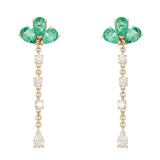 Emerald Diamond Jewel Cluster Drop Earrings in 14K Yellow Gold
