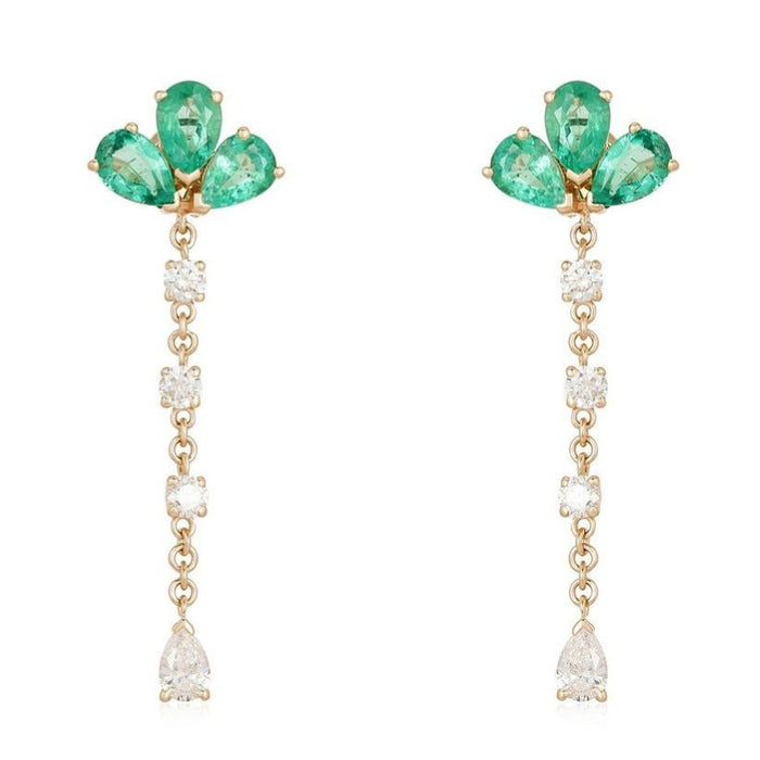 Emerald Diamond Jewel Cluster Drop Earrings in 14K Yellow Gold